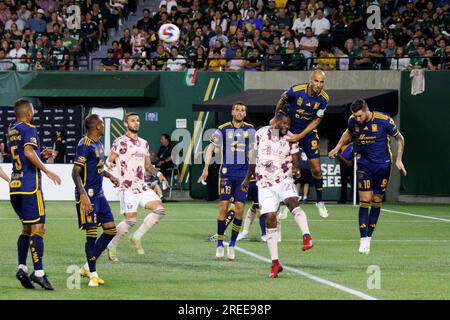 Portland, USA. 26th July, 2023. The Tigres UANL of LIGA MX defeated MLS' Portland Timbers 2-1 at Providence Park in Portland, Oregon on July 26, 2023, in the inaugural Leagues Cup. This contest between Major League Soccer and LIGA MX is the first sanctioned inter-league football competition. (Photo by John Rudoff/Sipa USA) Credit: Sipa USA/Alamy Live News Stock Photo