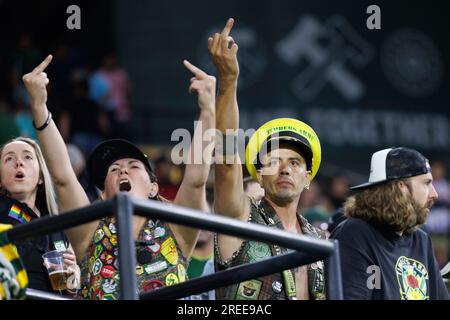 Portland, USA. 26th July, 2023. The Timbers Army disagrees with a referee's call. The Tigres UANL of LIGA MX defeated MLS' Portland Timbers 2-1 at Providence Park in Portland, Oregon on July 26, 2023, in the inaugural Leagues Cup. This contest between Major League Soccer and LIGA MX is the first sanctioned inter-league football competition. (Photo by John Rudoff/Sipa USA) Credit: Sipa USA/Alamy Live News Stock Photo