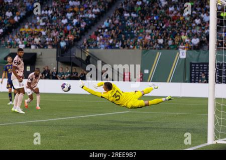 Portland, USA. 26th July, 2023. Portland's goaltender Aljaz Ivacic makes a save. The Tigres UANL of LIGA MX defeated MLS' Portland Timbers 2-1 at Providence Park in Portland, Oregon on July 26, 2023, in the inaugural Leagues Cup. This contest between Major League Soccer and LIGA MX is the first sanctioned inter-league football competition. (Photo by John Rudoff/Sipa USA) Credit: Sipa USA/Alamy Live News Stock Photo