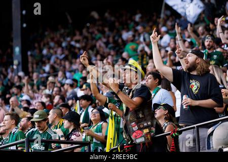 Portland, USA. 26th July, 2023. The Timbers Army filled the north end of Providence Park. The Tigres UANL of LIGA MX defeated MLS' Portland Timbers 2-1 at Providence Park in Portland, Oregon on July 26, 2023, in the inaugural Leagues Cup. This contest between Major League Soccer and LIGA MX is the first sanctioned inter-league football competition. (Photo by John Rudoff/Sipa USA) Credit: Sipa USA/Alamy Live News Stock Photo