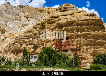 Desert Mountainous Landscape of Chosar Valley in Lo Manthang, Upper Mustang of Nepal Stock Photo