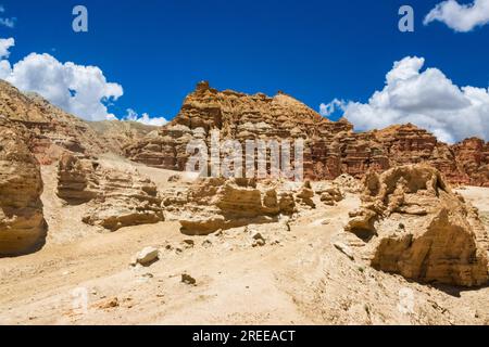 Desert Mountainous Landscape of Chosar Valley in Lo Manthang, Upper Mustang of Nepal Stock Photo