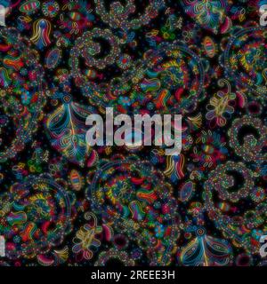 Beautiful paisley repeating pattern with floral motif in colors over black Stock Photo