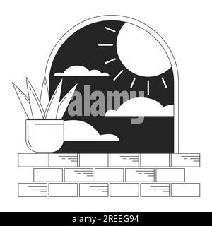 Surreal arch with plant on windowsill bw concept vector spot illustration Stock Vector