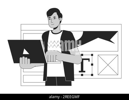 Indian man working on laptop bw concept vector spot illustration Stock Vector
