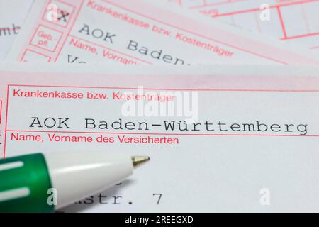 Prescriptions for medicines, AOK, health insurance, cost unit, pen, Baden-Wuerttemberg, Germany ...