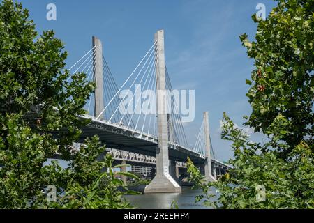 Abraham Lincoln bridge over the Ohio River viewed through trees during the day in Louisville, Kentucky, USA Stock Photo