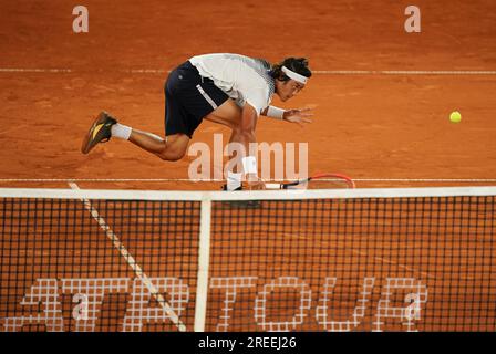 Hamburg, Germany. 27th July, 2023. Tennis: Hamburg European Open (APT Tournament), Rothenbaum Tennis Stadium, Men, Singles, Round of 16, Hanfmann (Germany) - Zhang (China). Zhizhen Zhang (China) in action. Credit: Marcus Brandt/dpa/Alamy Live News Stock Photo