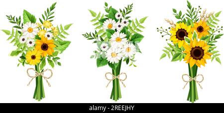 Bouquets of sunflowers, daisy flowers, fern, and grasses isolated on a white background. Set of vector illustrations Stock Vector
