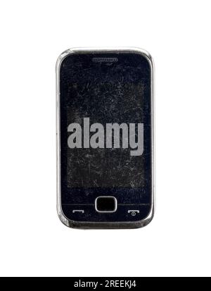 Very old scratched mobile phone, isolated on white Stock Photo - Alamy