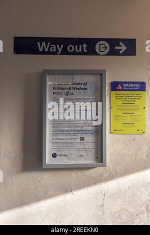 19/07/2023 Kirkham And Wesham  Railway station ticket office closure  notice Stock Photo