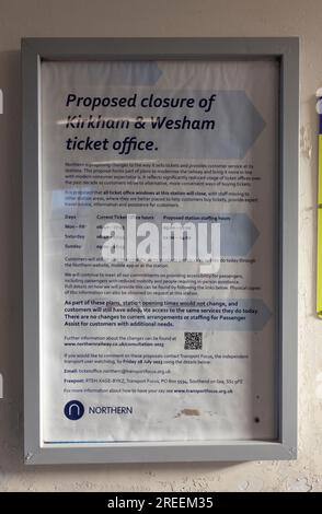 19/07/2023 Kirkham And Wesham  Railway station ticket office closure  notice Stock Photo