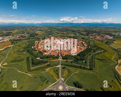 Palmanova is an Italian town what  founded in 1593, features a unique star-shaped layout with well-preserved Renaissance architecture and historic cha Stock Photo