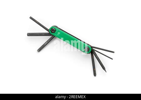 Tool set for repairing bicycles, isolated on white Stock Photo