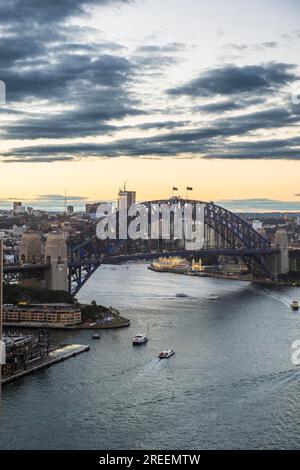 Overlook over Sydney harbour after sunset, Sydney, New South Wales, Australia Stock Photo