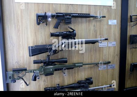 Saint Petersburg, Russia. 27th July, 2023. Weapons seen displayed at the Russia -Africa summit on the Second summit economic and humanitarian forum 2023 in Saint Petersburg. Credit: SOPA Images Limited/Alamy Live News Stock Photo