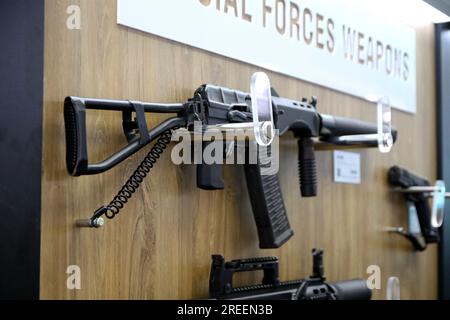 Saint Petersburg, Russia. 27th July, 2023. Weapons seen displayed at the Russia -Africa summit on the Second summit economic and humanitarian forum 2023 in Saint Petersburg. Credit: SOPA Images Limited/Alamy Live News Stock Photo