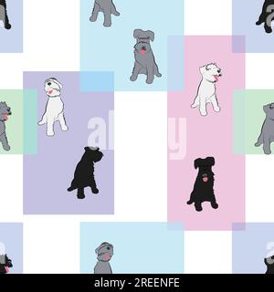 Cartoon shaggy dogs and colored rectangles on white background, seamless pattern Stock Vector