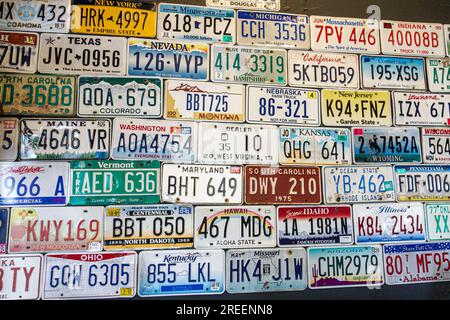 Athens Georgia,Hook & Reel Cajun Seafood and Bar restaurant,inside interior indoors,license plates collection states Stock Photo