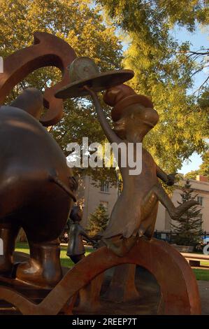 A whimsical statue depicting a scene from Green Eggs and Ham stands at the Dr Seuss memorial in Springfield, Massachusetts