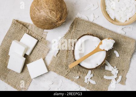 Top view coconut products sackcloth. Resolution and high quality beautiful photo Stock Photo