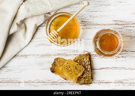 Top view honey jars with honeycomb. Resolution and high quality beautiful photo Stock Photo