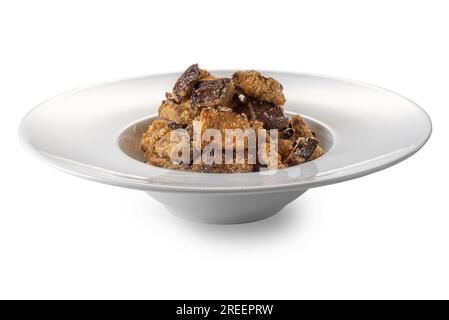 Breaded chunky aubergines fried in white dish isolated on white with clipping path included Stock Photo