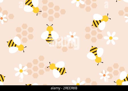seamless bee pattern with bees, honeycomb and daisy flowers- vector illustration Stock Vector