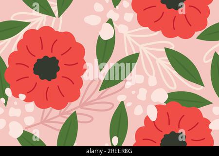 seamless floral pattern with red flowers; great for wallpaper, greeting cards, fabric- vector illustration Stock Vector