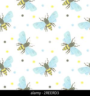 Seamless pattern with honey bees and multicolored watercolor spots on a ...