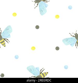 Seamless pattern with honey bees and multicolored watercolor spots on a ...