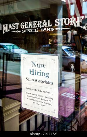 Asheville North Carolina,Mast General Store,store business shop,merchant market marketplace,selling buying,shopping shoppers economy,window sign help Stock Photo