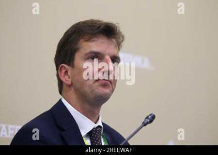 Saint Petersburg, Russia. 27th July, 2023. Nikita Gusakov, Chief Executive Officer, EXIAR; Senior Vice President, Russian Export Center, attends a session on Stabilizing the Fertilizer Market to Eradicate Hunger in African Countries in the framework of the Second summit economic and humanitarian forum 2023 in Saint Petersburg. Credit: SOPA Images Limited/Alamy Live News Stock Photo