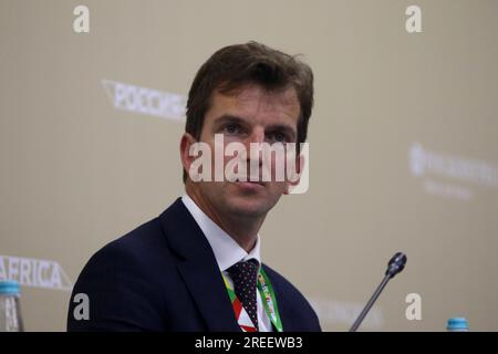 Saint Petersburg, Russia. 27th July, 2023. Nikita Gusakov, Chief Executive Officer, EXIAR; Senior Vice President, Russian Export Center, attends a session on Stabilizing the Fertilizer Market to Eradicate Hunger in African Countries in the framework of the Second summit economic and humanitarian forum 2023 in Saint Petersburg. Credit: SOPA Images Limited/Alamy Live News Stock Photo