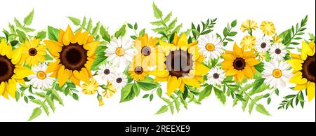 Floral seamless border with sunflowers, daisy flowers, and fern. Vector horizontal seamless garland Stock Vector
