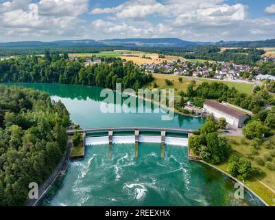 Aerial view of the Rheinau hydroelectric power plant power station and electricity plant with the main weir in the Rhine, Andelfingen, Canton Zurich Stock Photo