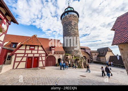 Imperial castle with Sinwelt tower, half-timbered houses in the castle, in autumn, Nuremberg, Middle Franconia, Bavaria, Germany Stock Photo