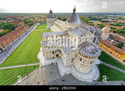 View from Campanile, Leaning Tower, Torre pendente di Pisa on Camposanto, Baptistery, Cathedral, Cattedrale Metropolitana Primaziale di Santa Maria Stock Photo