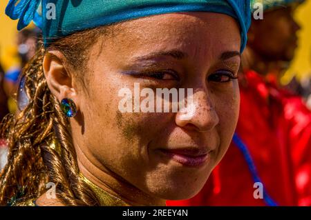 Portrait of colourful costumed, pretty woman. Carnival. Mindelo. Cabo Verde. Africa Stock Photo