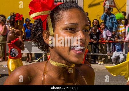 Portrait of colourful costumed, pretty woman. Carnival. Mindelo. Cabo Verde. Africa Stock Photo