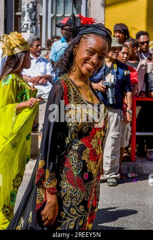 Colourful costumed, pretty woman. Carnival. Mindelo. Cabo Verde. Africa Stock Photo