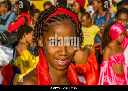 Portrait of colourful costumed, pretty woman. Carnival. Mindelo. Cabo Verde. Africa Stock Photo
