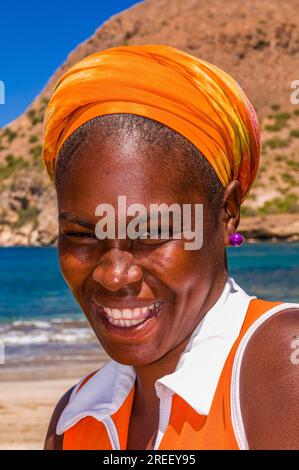 Portrait of laughing, dark skinned woman. Tarrafal. Santiago. Cabo Verde. Africa Stock Photo