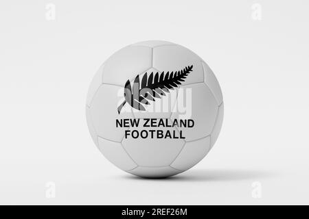 LONDON, UK - July 2023: New Zealand national football team logo badge on a soccer ball. 3D Rendering Stock Photo