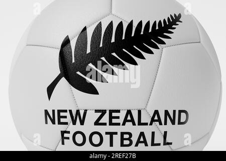 LONDON, UK - July 2023: New Zealand national football team logo badge on a soccer ball. 3D Rendering Stock Photo