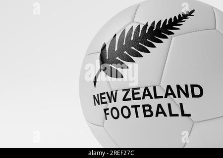 LONDON, UK - July 2023: New Zealand national football team logo badge on a soccer ball. 3D Rendering Stock Photo