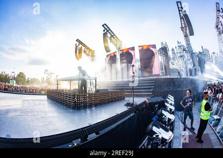 Milan, Italy. 27th July, 2023. The Haitian-Canadian record producer rapper and DJ Louis Kevin Celestin known professionally as KAYTRANADA performs live on stage at Ippodromo SNAI La Maura opening the show of The Weeknd. Credit: Rodolfo Sassano/Alamy Live News Stock Photo