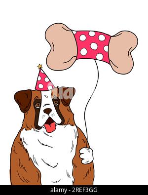 Saint Bernard dog holding a bone balloon celebrate birthday party. Happy pet animal drawing isolated on white background. Stock Photo