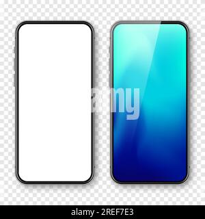 Smartphone with blank touch screen and abstract colorful background, wallpaper. Frameless mobile phone in front view. High quality detailed device Stock Vector