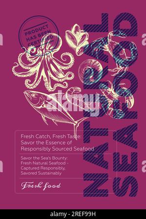Fresh seafood shop poster. Vintage sketch marine life on colored background. Fishy market promo print. Sea food label creative typography template. Natural fish product placard. Etching vector artwork Stock Vector